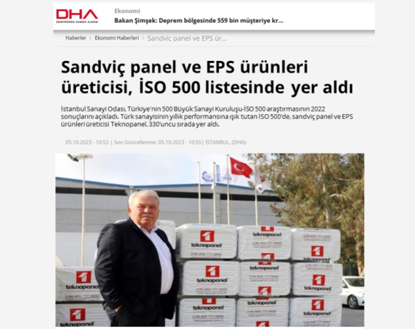 DHA: "Sandviç panel ve EPS ürünleri üreticisi, İSO 500 listesinde yer aldı."