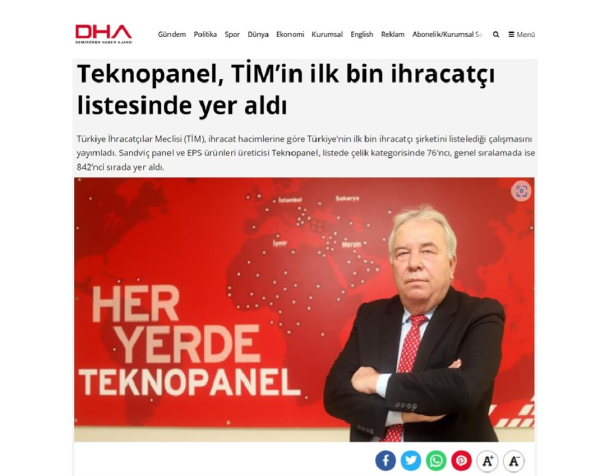 DHA: ''Teknopanel is in the top 1000 exporters list of Turkish Exporters Assembly''