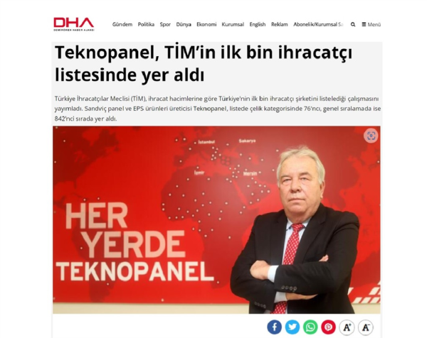 DHA: ''Teknopanel, a pris la place dans la liste des mille premiers exportateurs de l’Assemblée des Exportateurs Turcs (AET)''