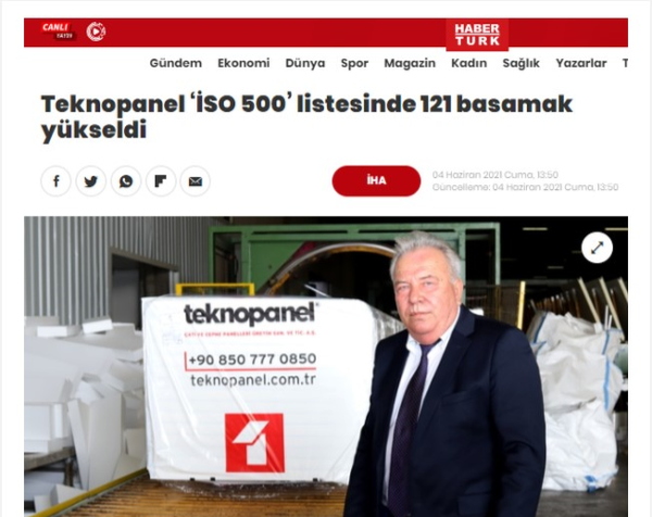 Haberturk.com- "تكنوبانل تصعد 121 خطوة في قائمة "İSO 500"