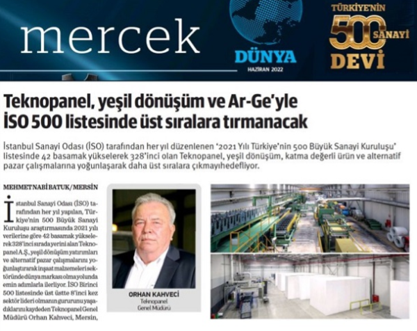 Dünya Gazetesi: ''2021 yılında İSO 500’de 42 basamak yükselerek 328’inci oldu''