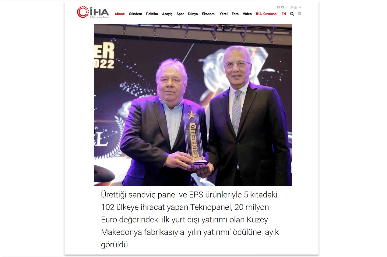 İha.com.tr: "Investment of The Year’ Award to Teknopanel"